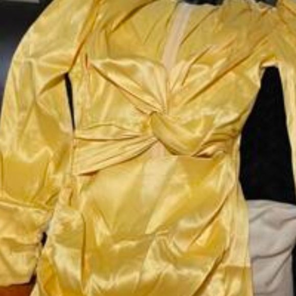 Yellow Satin Ruched Twist Front mini Dress - Picture 7 of 7